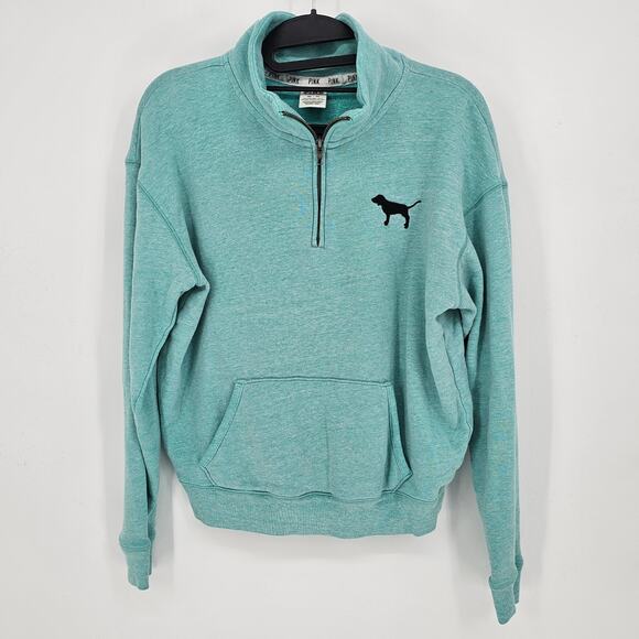 PINK Victoria’s Secret Aqua Dog Embroidered Half Zip Pullover Sweatshirt Size XS - Picture 1 of 7